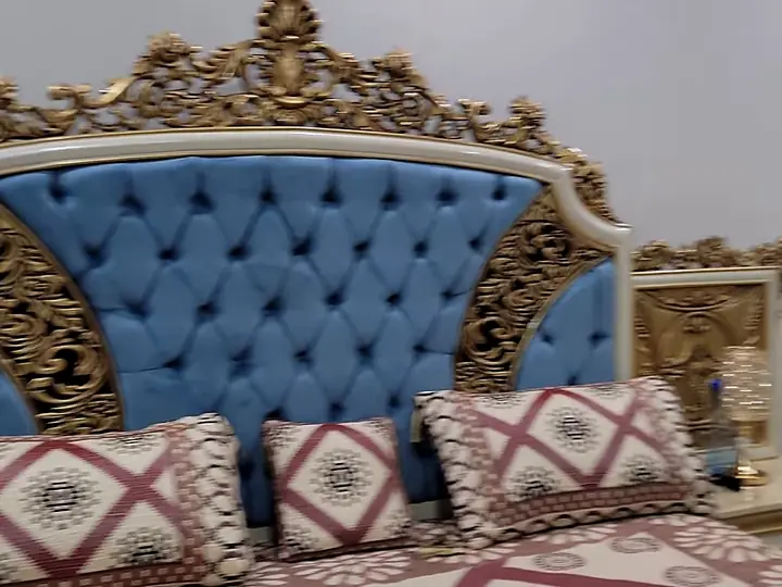 Bridal bed, blue velvet with gold carving