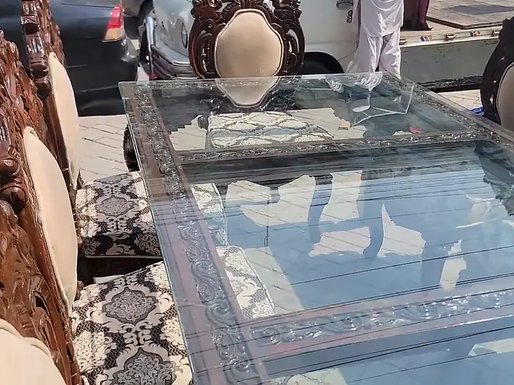 Carved dining set, glass top
